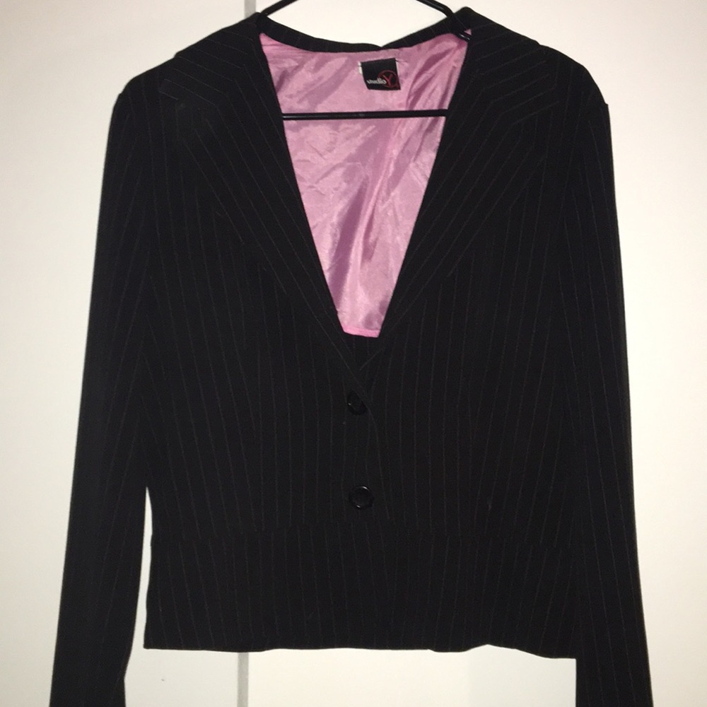 Black blazer with pink stripes